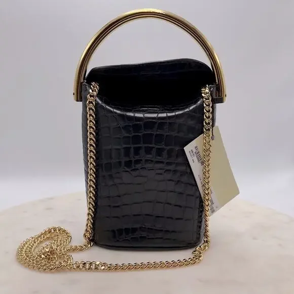 New Stella McCartney Black Croc Embossed Bucket Bag Gold Handle W/ Dust Bag - Picture 5 of 16